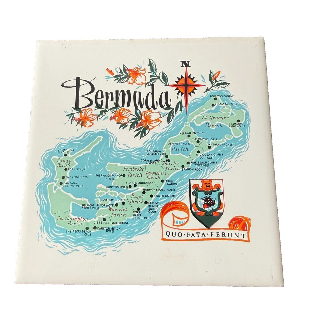 Vintage Bermuda Island Map Souvenir Wall Tile Trivet Wall Decor 6"x6" Retro